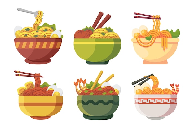 Бесплатное векторное изображение Коллекция различной лапши с палочками для еды в красивом стиле рисования чаши, выделенной на белом фоне векторной иллюстрации