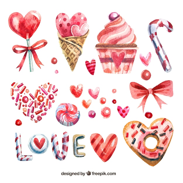 Бесплатное векторное изображение Коллекция акварельными конфет на день святого валентина