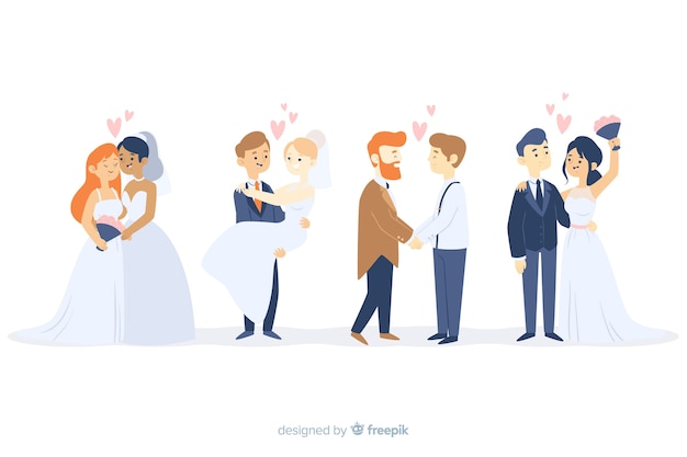 Бесплатное векторное изображение Коллекция свадебной пары на плоском дизайне