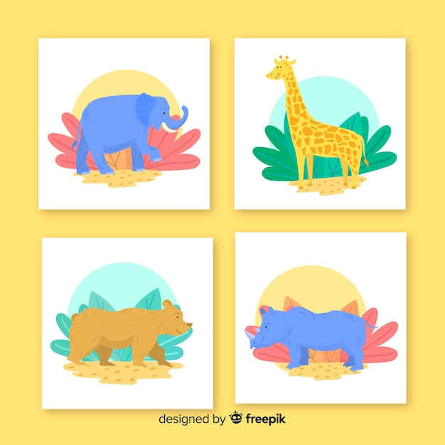 무료 벡터 야생 동물 카드 평면 디자인의 컬렉션
