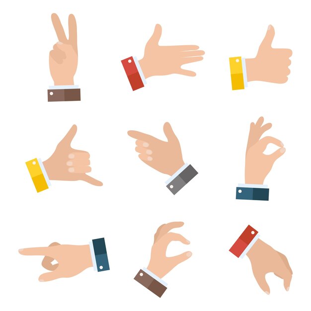 Коллекция открытых пустых рук, показывающая набор иконок различных жестов, выделенных на белом фоне