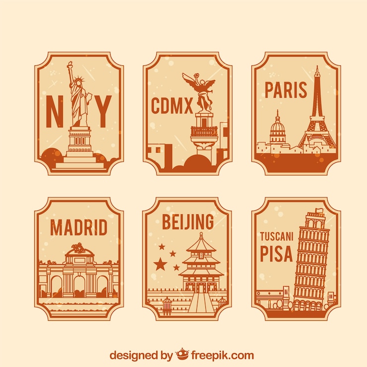 Free Vector collection of orange travel stamps