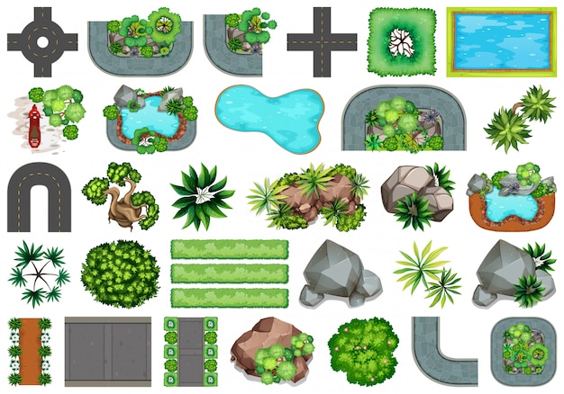 Collection of outdoor nature themed objects and plant elements