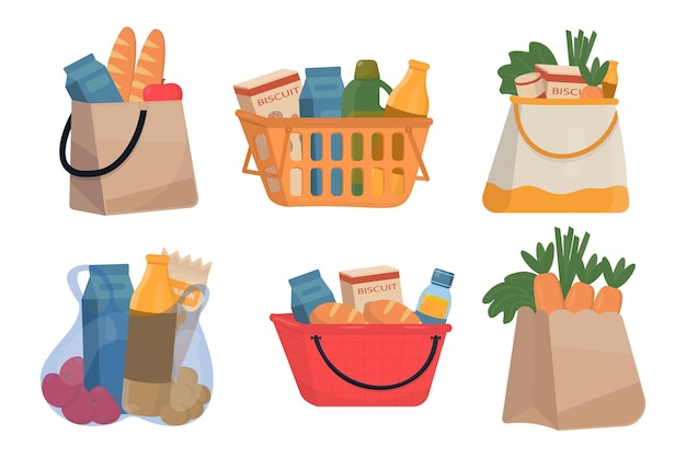 Collection of paper bag and baskets with fresh food different food and beverage products grocery shopping fruits vegetables  bread milk in cartoon drawing flat  vector illustration