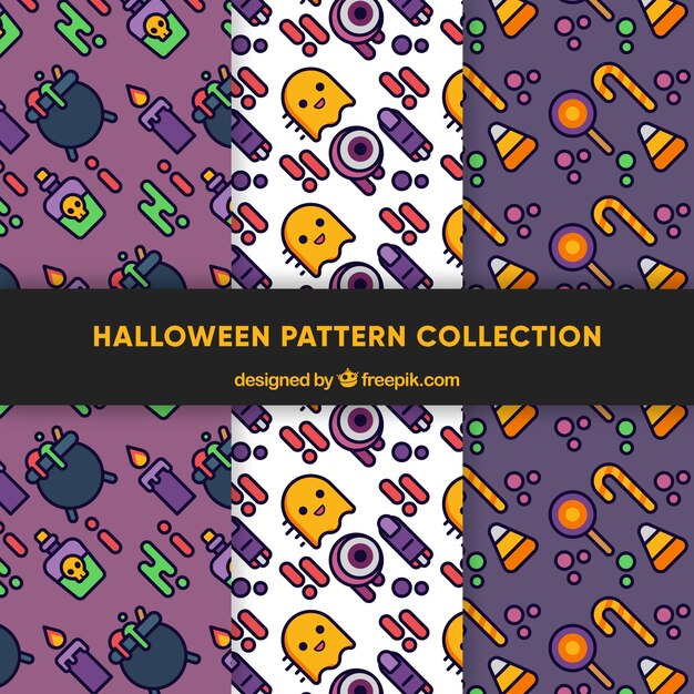 Free vector collection of patterns with elements of halloween in linear style