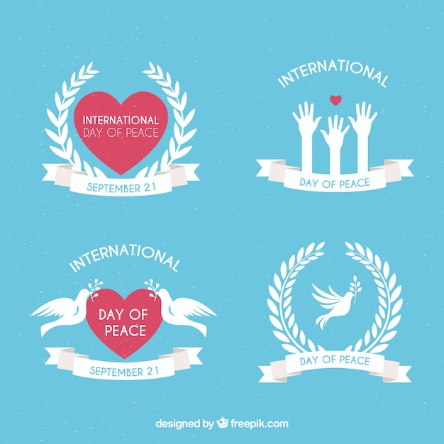 Collection of peace labels with doves and hearts