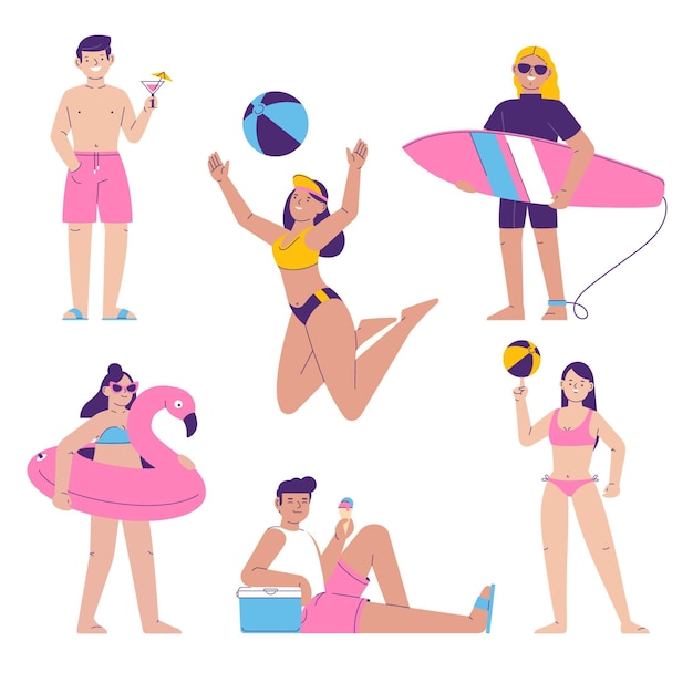 Коллекция людей, занимающихся различными видами деятельности на пляже