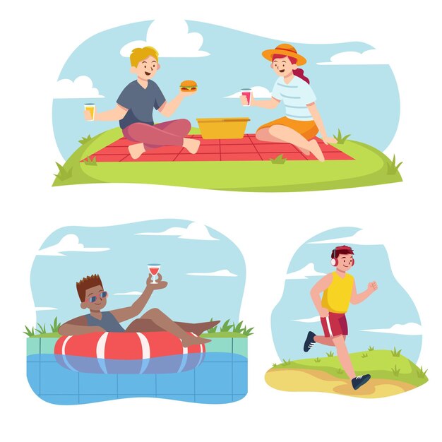 Collection of people doing different summer outdoor activities