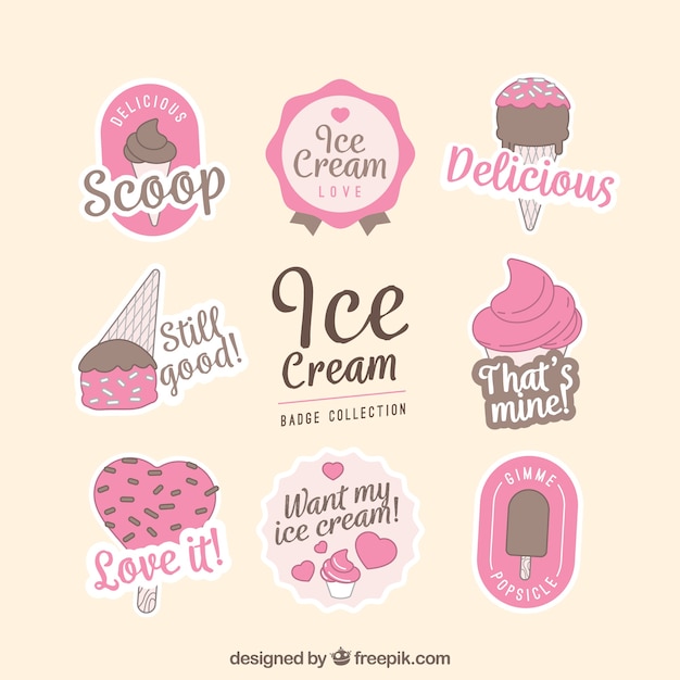 Collection of pink ice cream labels with brown details