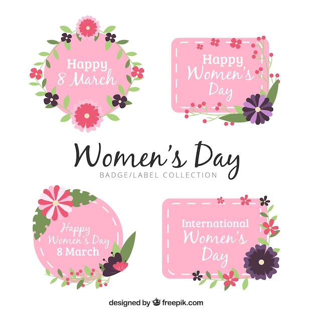 Free vector collection of pink women's day badges with flowers