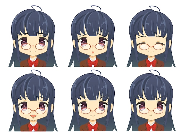 Free vector collection portrait young woman facial expressions in cartoon character with various emotions girl in glasses isolated on white background for graphic designer vector illustration