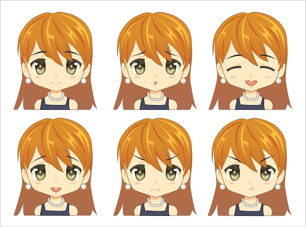 Free vector collection portrait young woman facial expressions in cartoon character with various emotions isolated on white background for graphic designer vector illustration