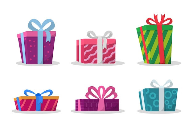 Collection of presents boxes wrapped with colorful paper and bow for birthday christmas party gifts vector illustration