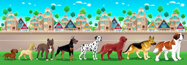 Raccolta di cani di razza allineati sulla città vista illustrazione cartoon vettoriale