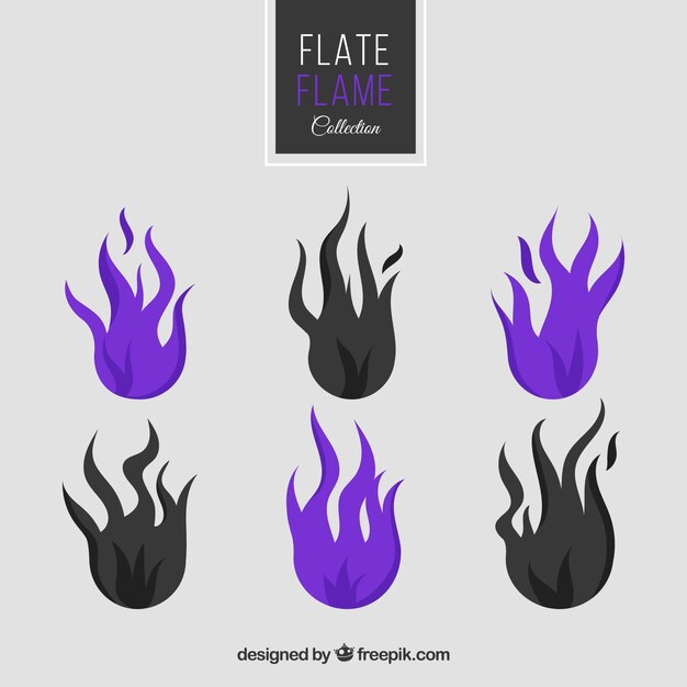 Collection of purple and black flames in flat design