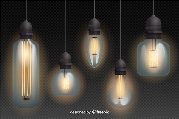 Collection of realistic light bulbs hanging
