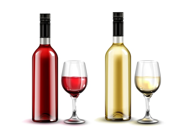 Collection of realistic wine glasses and bottles