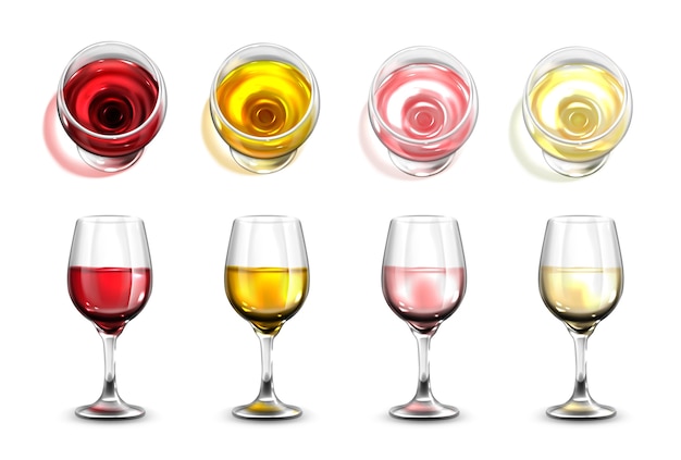 Collection of realistic wine glasses with top view