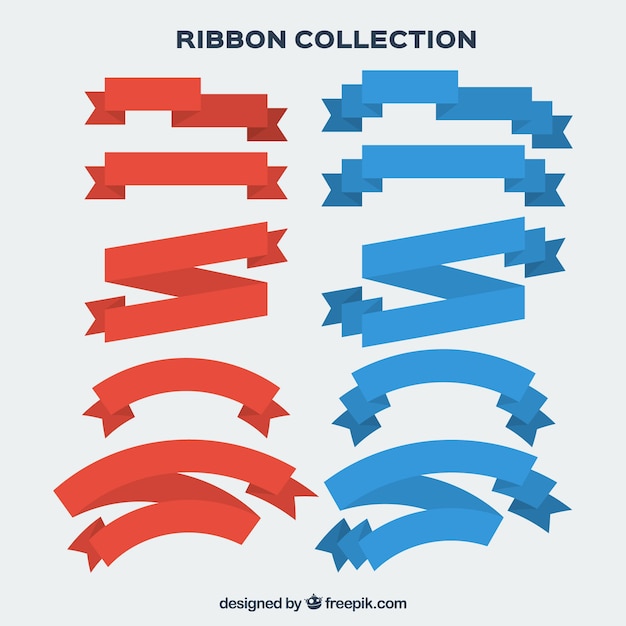 Free vector collection of red and blue vintage ribbons in flat design