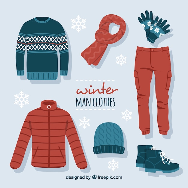Collection of red and blue  winter clothes