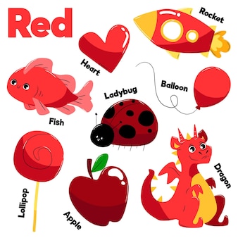 Collection of red objects and vocabulary words in english