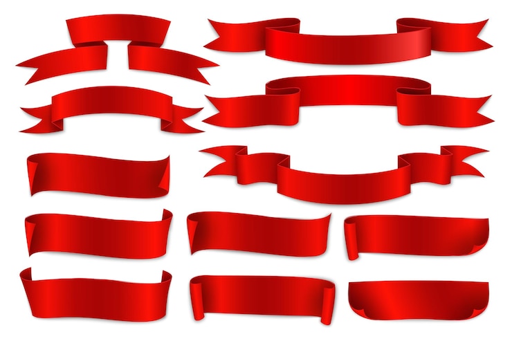 Free Vector collection of red ribbons banner in various shapes of ribbons design elements on white background for graphic designer