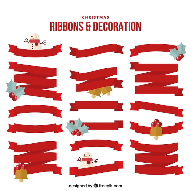 Free vector collection of red ribbons with christmas objects