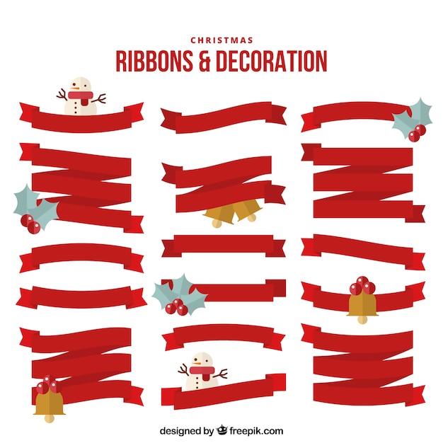 Collection of red ribbons with christmas objects