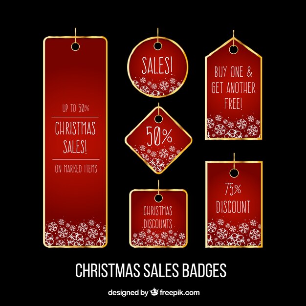 Free vector collection of red snowflakes labels with christmas discounts