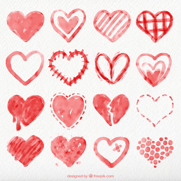 Collection of red watercolor hearts