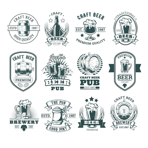 Collezione di retro emblemi di birra, badge, adesivi