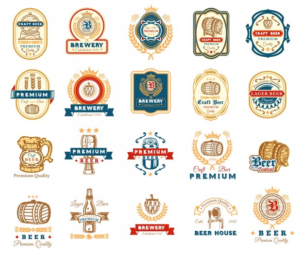 Collection of retro beer emblems, badges, stickers