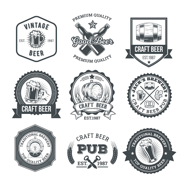 Free vector collection of retro beer emblems, badges, stickers