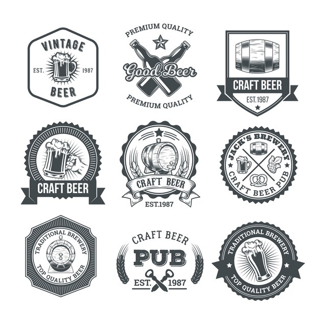 Collection of retro beer emblems, badges, stickers