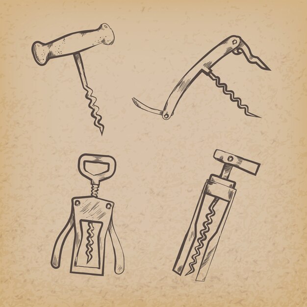 Collection of retro corkscrews on paper