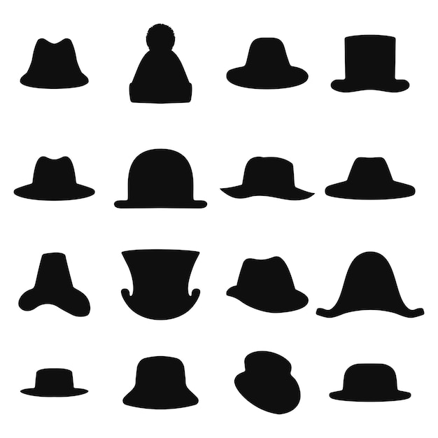 Коллекция силуэтов ретро-шляп Цилиндр изолирован на белой векторной иллюстрации
