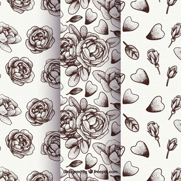 Collection of roses and hand drawn flowers patterns 