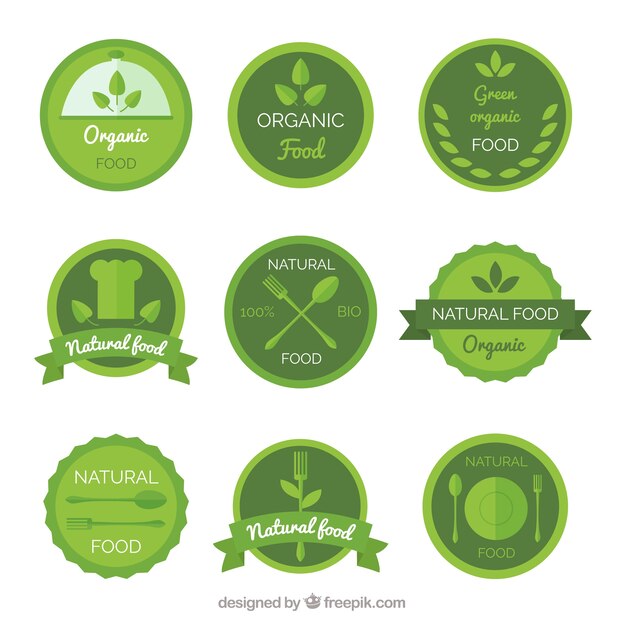 Collection of round organic food stickers in green tones