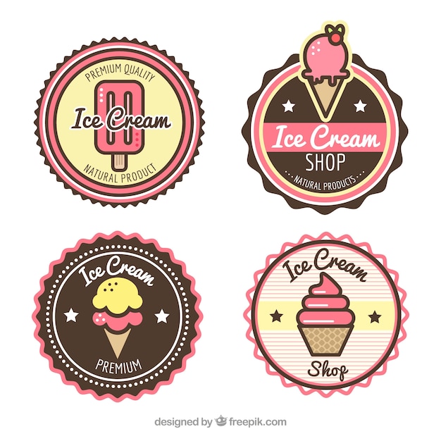 Collection of round stickers with ice creams in flat design