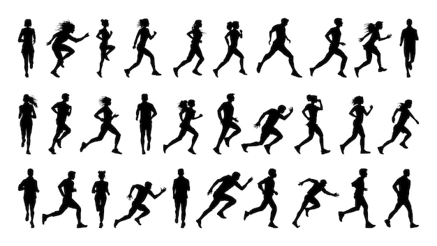 Collection of running black silhouettes of men and women.