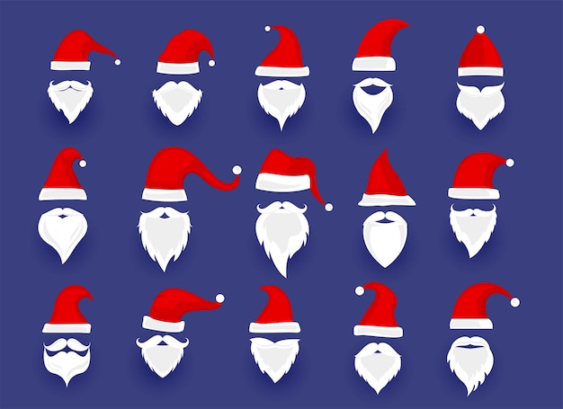 Vettore gratuito collezione di cappelli di babbo natale e elementi barba in diversi design