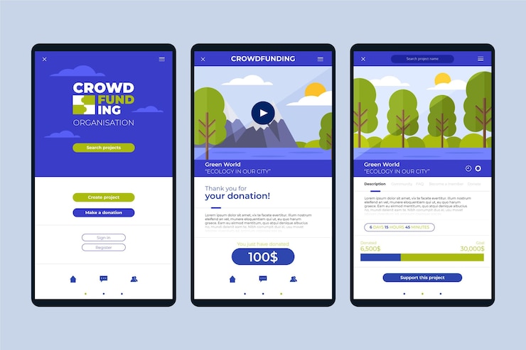 Free Vector collection of screens for crowdfunding app