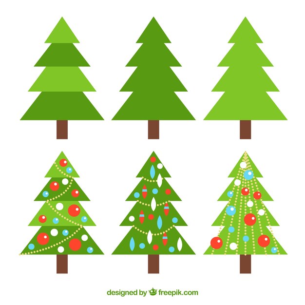 Collection of simple and christmas trees with ornaments