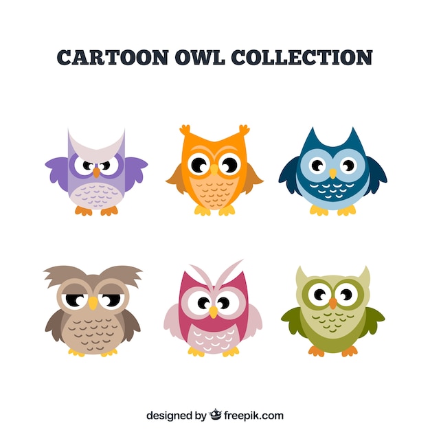 Collection of six colorful cartoon owls