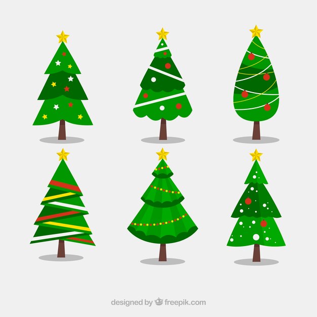 Collection of six decorated christmas trees