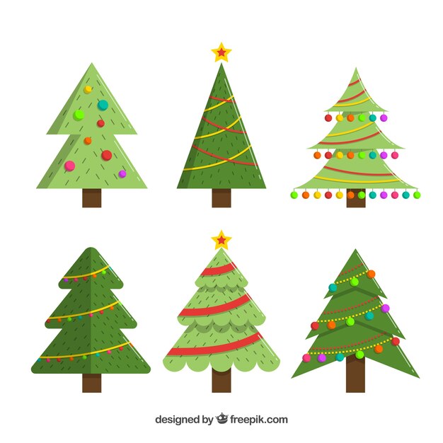 Collection of six decorated christmas trees