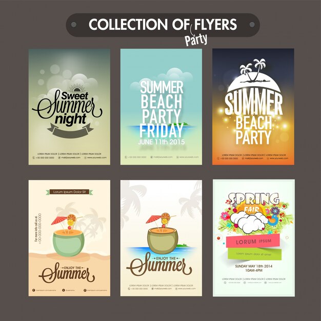6 가지 여름 파티 전단지, 템플릿 또는 초대 카드 디자인 모음