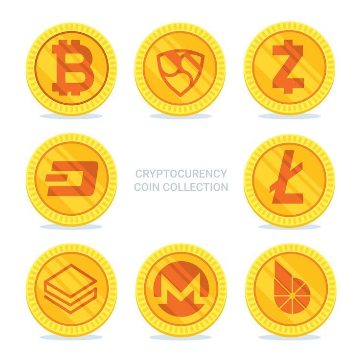 Free Vector collection of six golden cryptocurrency coins