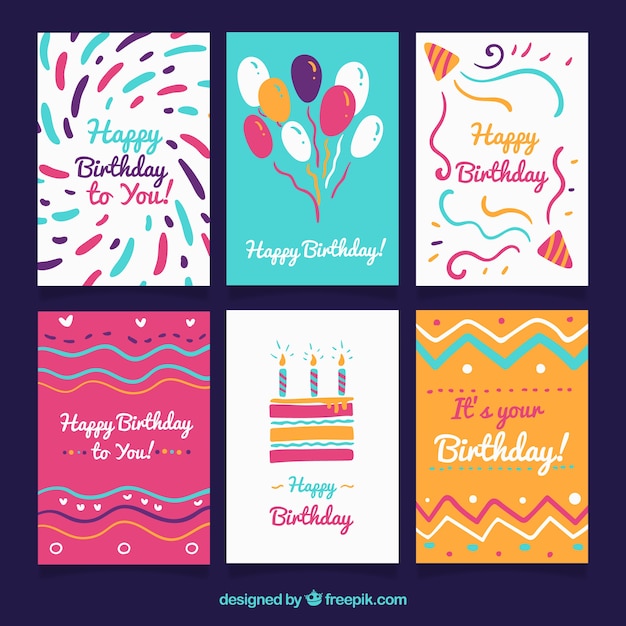 Collection of six hand drawn birthday cards