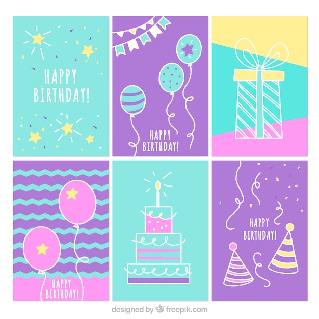 Collection of six hand drawn birthday cards